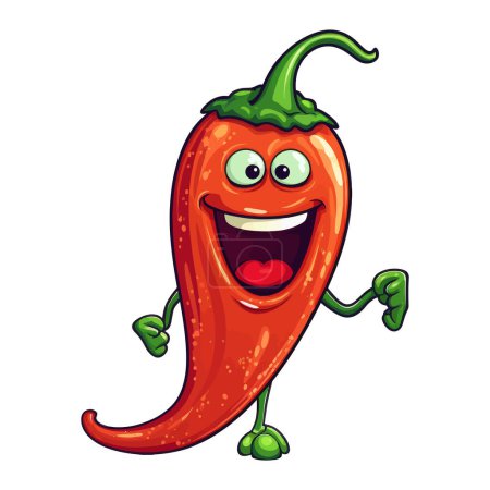 Cartoon character of a red hot pepper with a happy expression on its face.