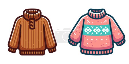 Dos suéteres, cada uno con patrones distintos, dispuestos uno al lado del otro.