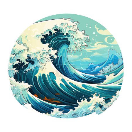 A powerful wave crashing in the ocean, captured in a vibrant painting.