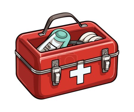 Red first aid kit containing a bottle and a tube.