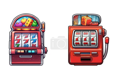 Una máquina tragaperras roja sentada junto a una máquina roja en un casino.