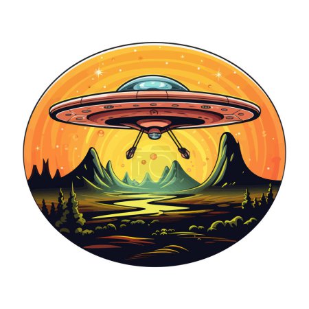 A flying saucer hovers in the sky with mountains in the background.