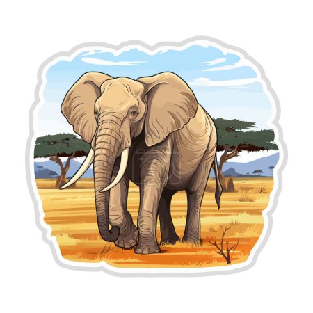 Téléchargez les illustrations : Un éléphant se tient au centre d'un vaste champ sous le ciel clair. - en licence libre de droit