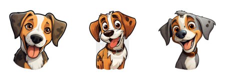 Téléchargez les illustrations : Un chien de bande dessinée montrant quatre expressions variées : heureux, triste, surpris et en colère. - en licence libre de droit