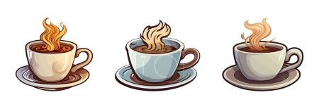 Téléchargez les illustrations : Trois tasses à café avec des variétés uniques de café à l'intérieur. - en licence libre de droit