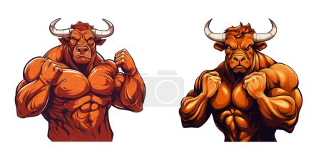 Vector illustration of two muscular bull characters in a strong and powerful pose. Perfect for strength and fitness-related designs.