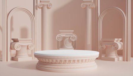 3d Luxus Podium mit römischer Säule für Produkt Hintergrund Podium klassischen Stil für Show kosmetische Podrukte Vitrine auf dem Hintergrund.