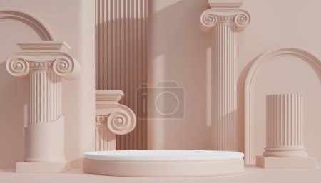 Foto de 3d podio de lujo con columna romana para el fondo del producto podio estilo clásico para mostrar los podructos cosméticos vitrina en el fondo. - Imagen libre de derechos