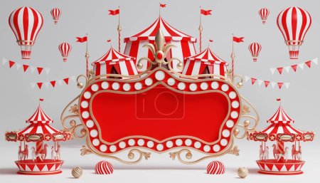 Carnaval 3d podio con muchos paseos y tiendas carpa de circo Ilustración 3d