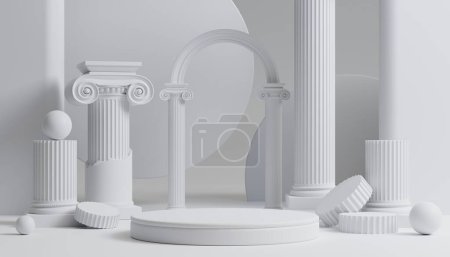 3d Luxus Podium mit römischer Säule für Produkthintergrund mit weißem Hintergrund für Branding Präsentation 3D Rendering Illustration.