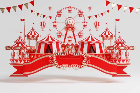 3D-Vergnügungspark, Zirkus, Karnevalsmesse Themenpodium mit vielen Fahrgeschäften und Geschäften Zirkuszelt 3D-Illustration