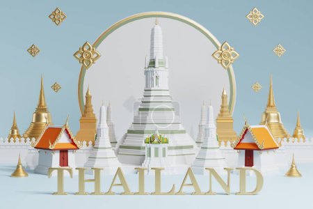 Téléchargez les photos : 3d L'emblématique du concept de voyage thaïlandais les plus beaux endroits à visiter en Thaïlande dans l'illustration 3D, l'architecture thaïlandaise et le patrimoine de la tradition. - en image libre de droit