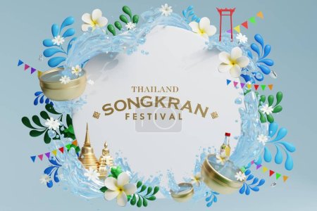 3d festival de Songkran fondo en tailandia festival de agua 3d con salpicadura de agua azul, arquitectura tailandesa. (Traducción tailandesa: Songkran Thailand )