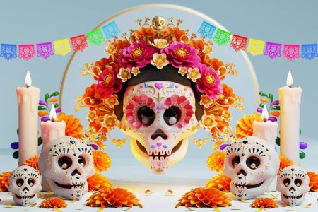 Foto de Representación 3D para el concepto de Día de los Muertos, Dia de muertos altar. Composición de lindos cráneos de azúcar, velas blancas, flores de caléndula de los muertos. ilustración 3d - Imagen libre de derechos