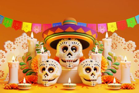 Representación 3D para el concepto de Día de los Muertos, Dia de muertos altar. Composición de lindos cráneos de azúcar, velas blancas, flores de caléndula de los muertos. ilustración 3d