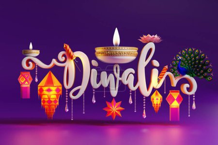 rendu 3D pour le festival Diwali Diwali, Deepavali ou Dipavali le festival des lumières Inde avec diya or sur le podium, motifs et cristaux sur la couleur Arrière-plan.
