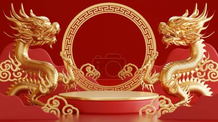 3d rendering illustration of podium round stage podium and paper art chinese new year, chinese festivals, mid autumn festival , red and gold ,flower and asian elements  on background