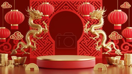 3d rendering illustration of podium round stage podium and paper art chinese new year, chinese festivals, mid autumn festival , red and gold ,flower and asian elements  on background