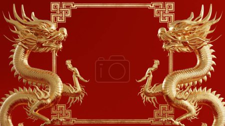 3d rendu fond d'illustration pour heureux nouvel an chinois 2024 le signe du zodiaque dragon avec la couleur rouge et or, fleur, lanterne et éléments asiatiques. (Traduction : année du dragon 2024 