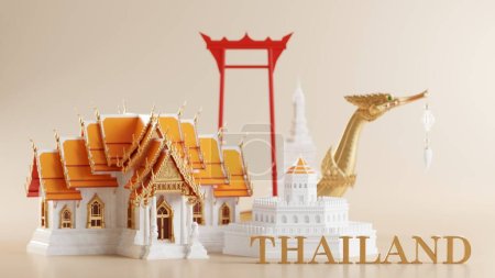 3d rendant l'arrière-plan de l'illustration emblématique du concept de voyage thaïlandais les plus beaux endroits à visiter en Thaïlande dans l'illustration 3D, l'architecture thaïlandaise et le patrimoine de la tradition