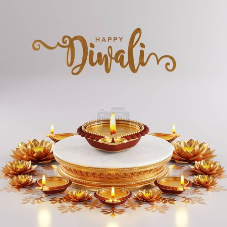 3D rendering for diwali festival Diwali, Deepavali or Dipavali the festival of lights india with gold diya patterned on color Background
