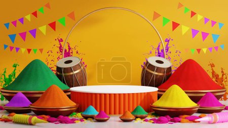 Téléchargez les photos : Illustration de rendu 3d pour le festival holi 2024 de couleurs gulaal coloré (couleur poudre), pistolet de tir gulal, festival indien pour fond holi heureux. - en image libre de droit