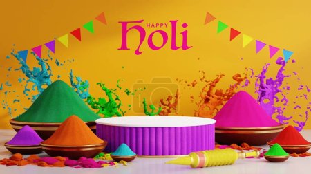 Illustration de rendu 3d pour le festival holi 2024 de couleurs gulaal coloré (couleur poudre), pistolet de tir gulal, festival indien pour fond holi heureux.