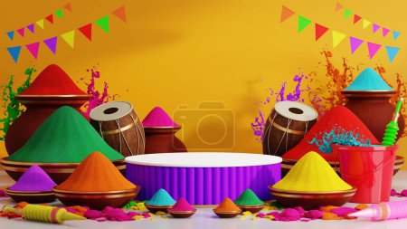 Téléchargez les photos : Illustration de rendu 3d pour le festival holi 2024 de couleurs gulaal coloré (couleur poudre), pistolet de tir gulal, festival indien pour fond holi heureux. - en image libre de droit