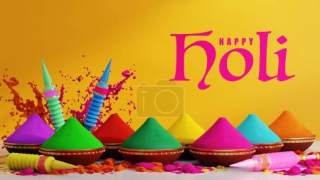 3D-Rendering-Illustration für Holi Festival 2024 der Farben bunt gulaal (Pulverfarbe), Gulal Shooter Pistole, indisches Fest für glücklichen Holi-Hintergrund.