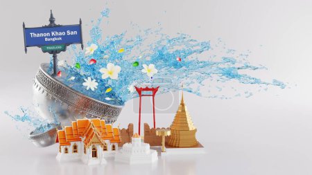 Téléchargez les photos : Fond d'illustration de rendu 3d pour fond de festival Songkran dans thailand festival de l'eau 3d avec éclaboussure d'eau bleue, architecture thaï. (Traduction thaï : Songkran Thaïlande ) - en image libre de droit