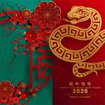Happy chinese new year 2025 the snake zodiac sign with flower,lantern,asian elements snake logo red and gold paper cut style on color background. ( Translation : happy new year 2025 year of the snake )