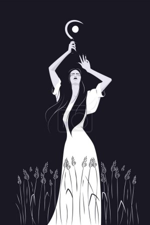 Illustration for Woman witch in white dress with a sickle in a wheat field in moon light. Dark magic vector illustration. - Royalty Free Image