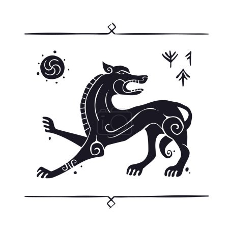 Téléchargez les illustrations : Black beast like wolf or dog decorated with ornaments, runes and patterns vector illustration. Ancient history art in scandinavian, nordic, scythian or slavic animal style. - en licence libre de droit