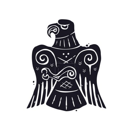 Téléchargez les illustrations : Oiseau noir comme le faucon, le faucon ou l'aigle décoré avec des ornements, des runes et des motifs vectoriels illustration. L'art de l'histoire ancienne dans un style scandinave, nordique, scythe ou slave. - en licence libre de droit