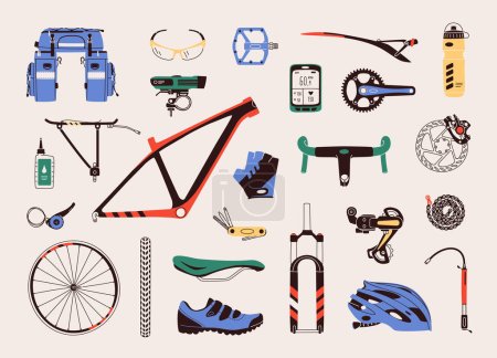 Illustration for Flat design vector illustration of bicycle parts, components, spares and accessories. Set includes bike parts such as frame, fork, saddle, wheel, helmet, handlebar, glasses, clothes, and other. - Royalty Free Image