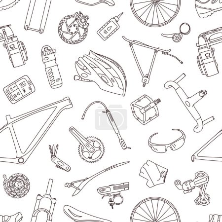 Illustration for Line icon style seamless vector pattern of of bicycle parts, components, spares and accessories. - Royalty Free Image