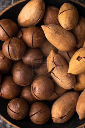 Photo for Pecan and macadamia nuts in shell on a dark background - Royalty Free Image