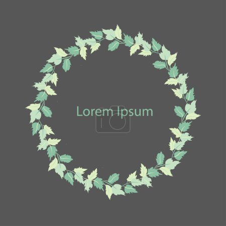 Circle green leaves wreath frame on black Lorem ipsum stock nature floral illustration