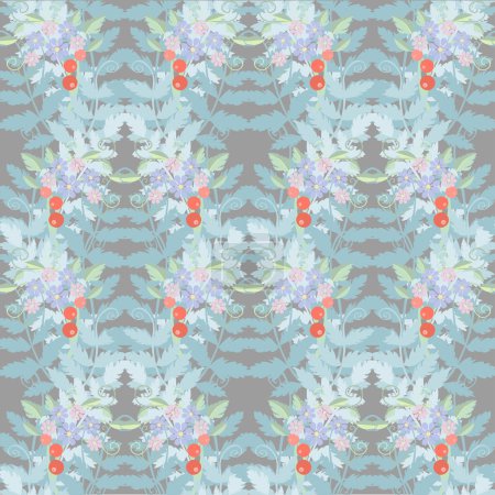 Patrón sin costura botánica hojas de abeto azul, baya roja, flor violeta vector de la ilustración para la web, para imprimir, para la impresión de la tela