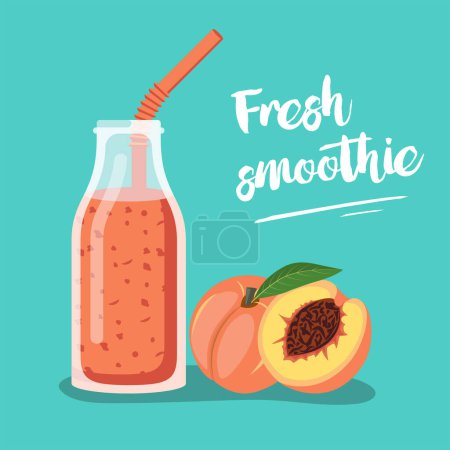 Illustration for Peach Fresh. Cocktail smoothie. Template for menu or banner for healthy eating. Fresh energetic drink for healthy life. Peach juice in glass bottle with straws. Vector flat design. - Royalty Free Image
