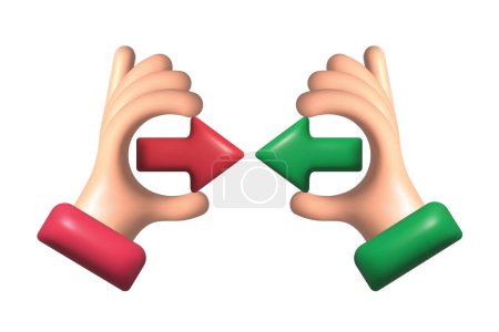 Illustration for Conflict of interest 3d render icon. Business concept. Two businessmen keep the arrows red and green against each other. Vector illustration flat design. Rivalry metaphor. Competitiveness symbol. - Royalty Free Image