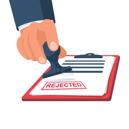 Illustration for Rejection stamp in hand businessman. Red approved stamp. Document for signature and stamp. Vector illustration flat design. Isolated on white background. Work with papers. Document Failure. - Royalty Free Image