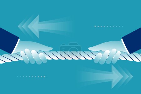 Illustration for Concept of business competition. Businessmen pull the rope as a symbol of rivalry, competition, conflict. Tug of war. Vector illustration, flat design. Corporate conflicts. - Royalty Free Image