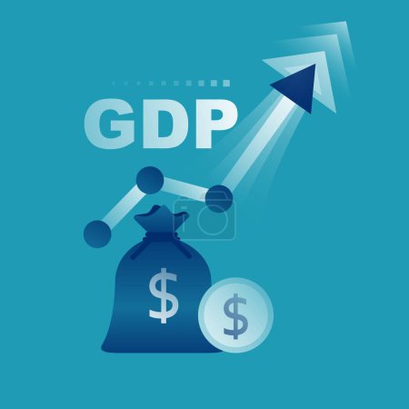 Illustration for Growth GDP concept. Government budget, public spending. Up arrow graphics. Increment in annual financial budget. Vector illustration flat design. Isolated white background. - Royalty Free Image