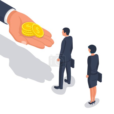 Ilustración de Salary time. People in line for paychecks. Boss hold a coin in hand gives the workers. Human hand reaching out for money. Employer and staff. Vector isometric design. Payday concept. Salary payment. - Imagen libre de derechos