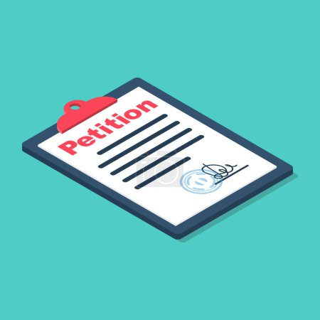 Ilustración de Petition concept. The petition is written with a stamp and a signature on a clipboard. The isolated icon is on background. Vector illustration isometric 3d design. - Imagen libre de derechos