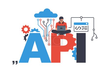 Illustration pour API concept. API as a symbol of the finished code. A professional programmer with a laptop is working on a program. Vector illustration flat design. Isolated on white background. - image libre de droit