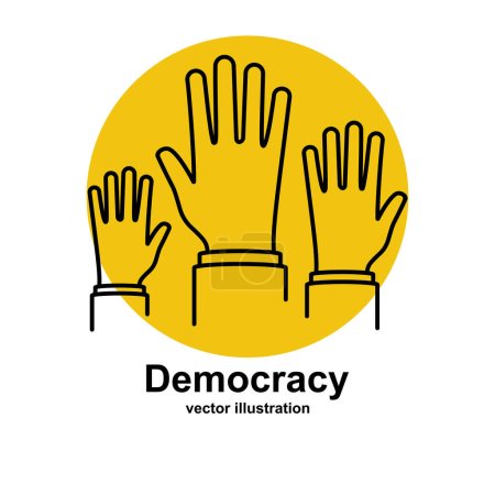 Ilustración de Democracy concept. International Day of Democracy. Black line icon. People raised their hands. Vector illustration flat design. Isolated on white background. - Imagen libre de derechos
