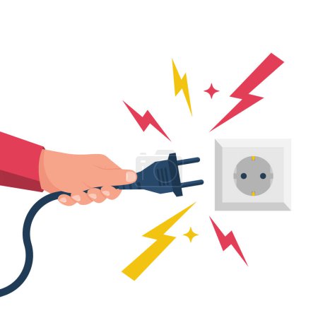 Ilustración de Electric power plug holding in hand. Unplug, and plugged in the wall socket. Vector illustration flat design. Connecting power plug. Sparks flying from the outlet. - Imagen libre de derechos