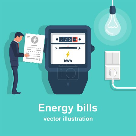 Ilustración de Energy bills. Man paying utilities. Concept of invoice and electricity meter. Electricity bills. Check for payment in hand. Vector illustration flat design. Isolated on background. - Imagen libre de derechos